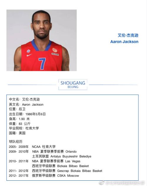 北京男篮和美国后卫阿隆-杰克逊签下2年合同